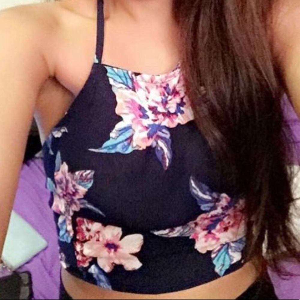 Black floral halter crop top